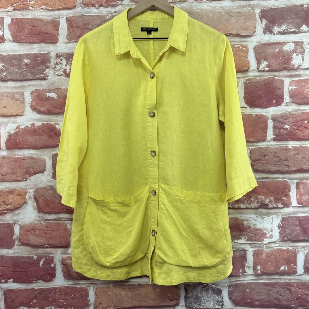 For Cynthia Tunic Top Women's Large Yellow 100% Linen Casual Button Up Shirt